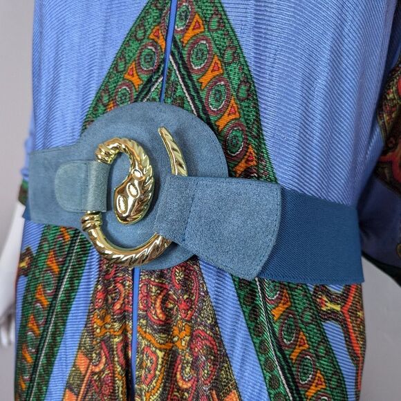 Vintage Blue Suede & Elastic Belt – Gold Snake Buckle – 31.5” Waist - Picture 5 of 7